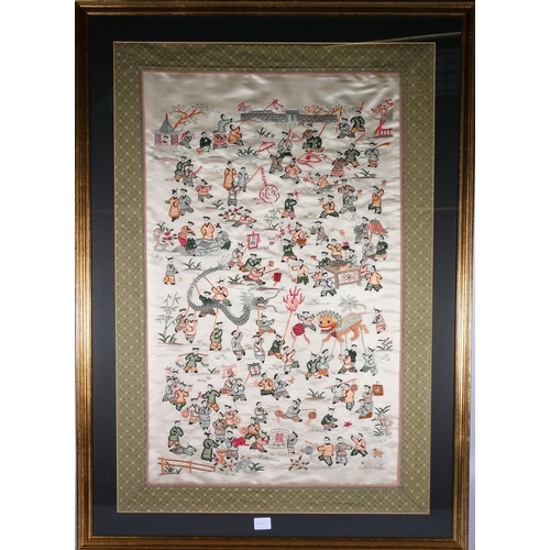 230 - Japanese needlework on silk depicting warriors, 52 x 86cm.