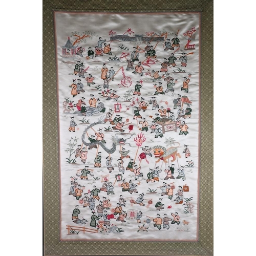 230 - Japanese needlework on silk depicting warriors, 52 x 86cm.