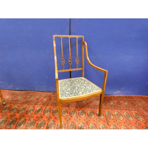 356 - Edwardian inlaid mahogany parlour open armchair, with carved rail back and downswept arm rests. Heig... 