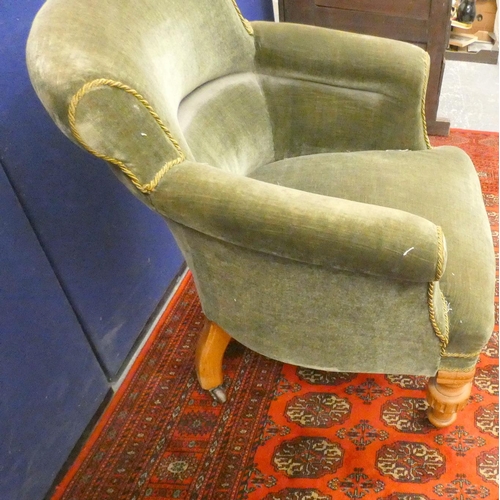 380 - Victorian oak framed upholstered tub armchair.