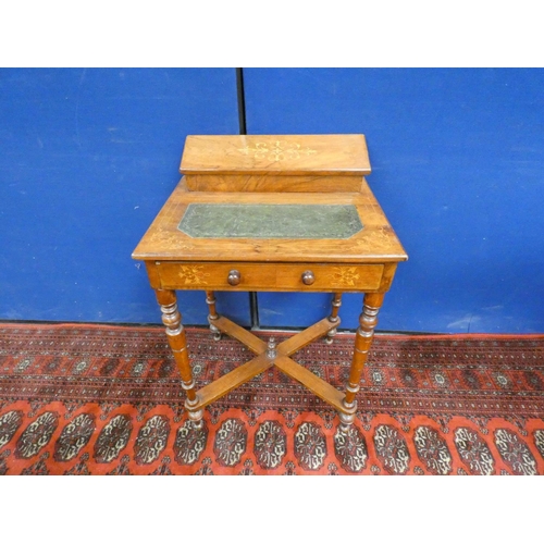 385 - Victorian inlaid writing table with a drawer and low superstructure on turned supports with x stretc... 