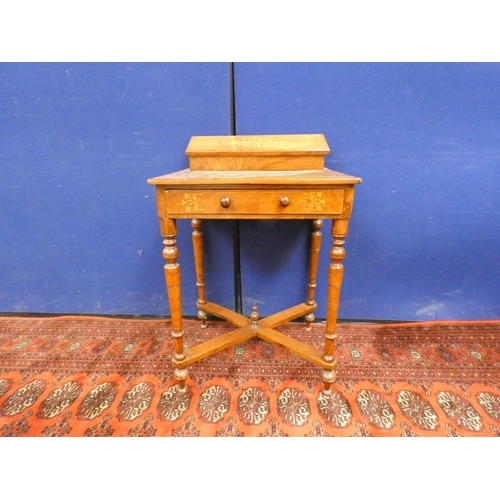 385 - Victorian inlaid writing table with a drawer and low superstructure on turned supports with x stretc... 