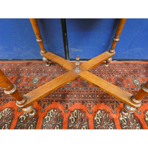 385 - Victorian inlaid writing table with a drawer and low superstructure on turned supports with x stretc... 