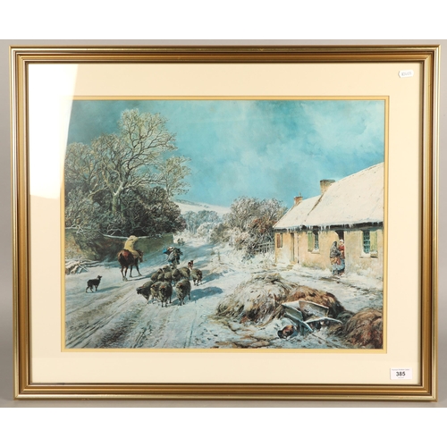 385 - Sam Bough, framed print, winter village scene, 44cm x 57cm