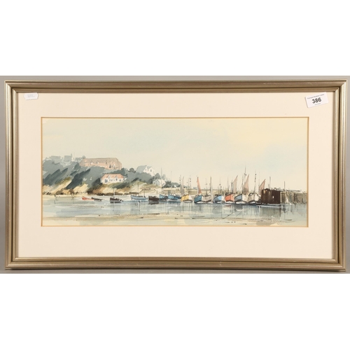 386 - Newquay marina landscape, watercolour, indistinctly signed, 20cm x 49cm