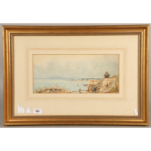 389 - After Rowbotham 'coastal scene, watercolour, unsigned, 36 x 16 cm (59 x 40 cm including frame)