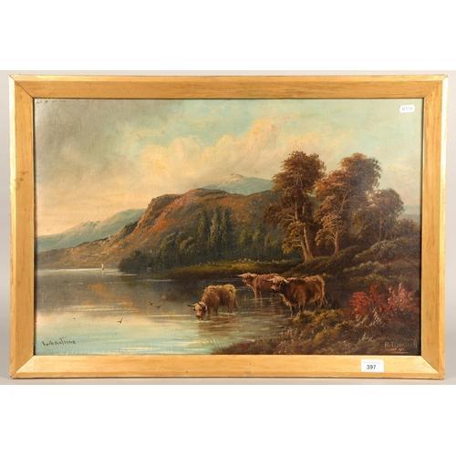 397 - R. Marshall, Loch Katrine with highland cows, oil on board, signed bottom right, 44cm x 67cm