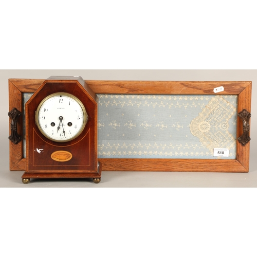 510 - Twin handled tray with inset lace panel and an antique mantel clock Edward of Glasgow