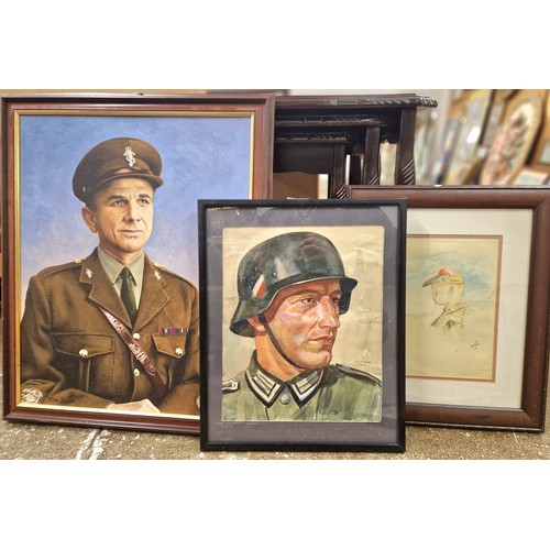 444 - Collection of pictures to include military interest, signed original artwork of a soldier, inked car... 