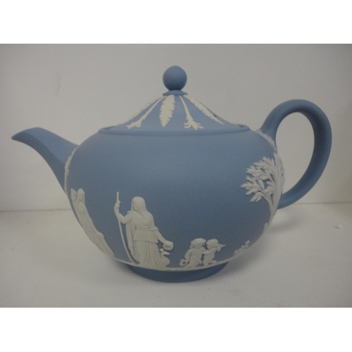 103 - Group of Wedgwood Jasper ware to include pin dishes, vases, teapot, some boxed examples, a Wedgwood ... 