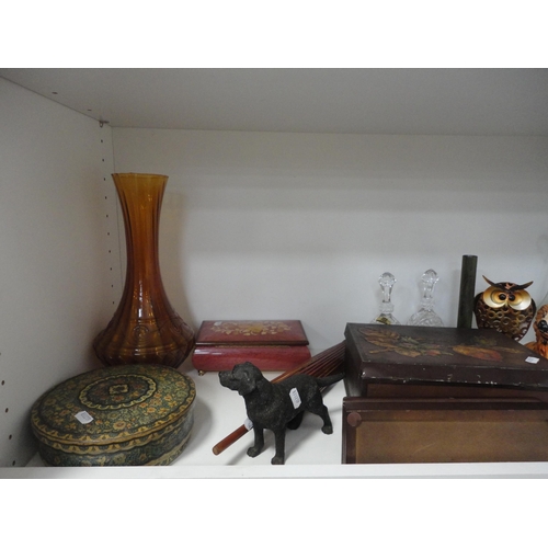 109 - Ornaments, vases, wooden items, ornaments contained in a display case, claret jug, egg ornaments, pl... 
