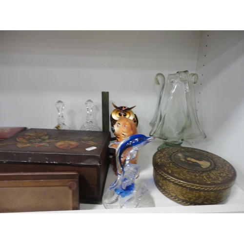 109 - Ornaments, vases, wooden items, ornaments contained in a display case, claret jug, egg ornaments, pl... 