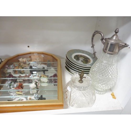 109 - Ornaments, vases, wooden items, ornaments contained in a display case, claret jug, egg ornaments, pl... 