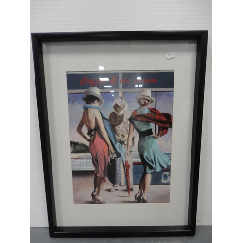 110 - Rectangular silver-framed mirror, framed print 'Coffee & Ice Cream', and another drawing.