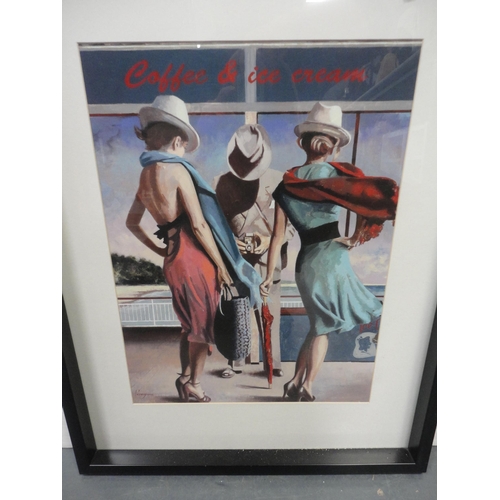 110 - Rectangular silver-framed mirror, framed print 'Coffee & Ice Cream', and another drawing.