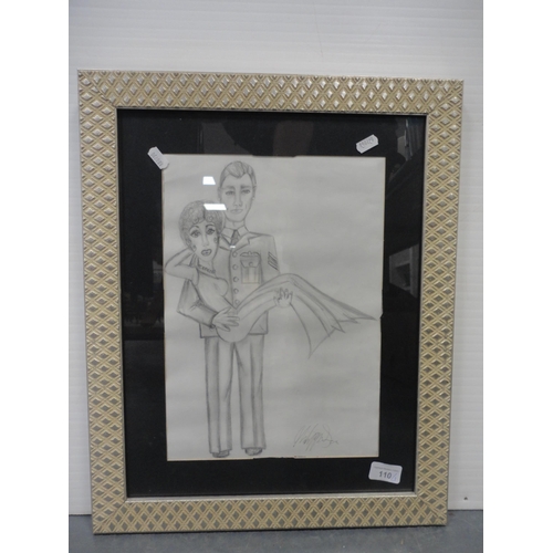 110 - Rectangular silver-framed mirror, framed print 'Coffee & Ice Cream', and another drawing.