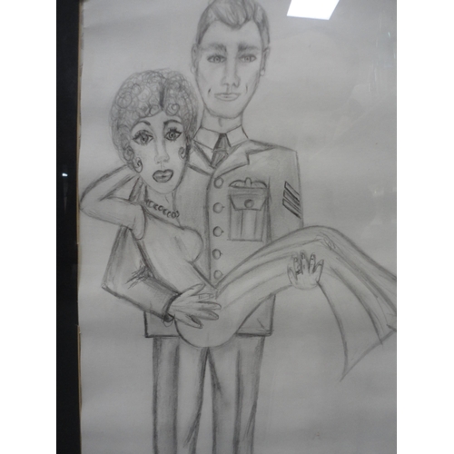 110 - Rectangular silver-framed mirror, framed print 'Coffee & Ice Cream', and another drawing.