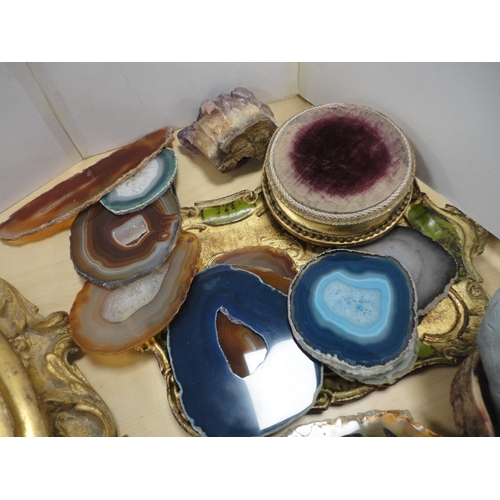 185 - Mineral coasters to include agate examples, geodes, Chinese-style stand, reproduction gilt stand, pa... 