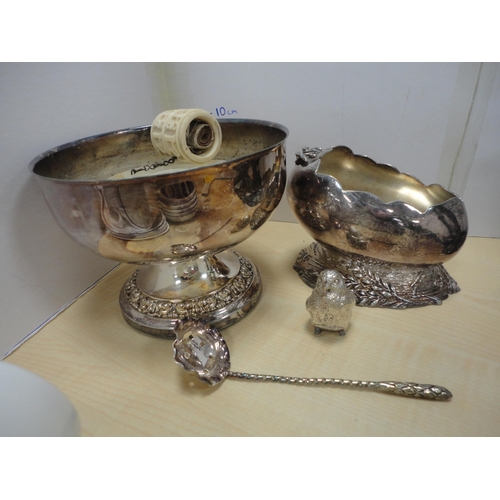 186 - Egyptian-style brass gong, pair of EP candlesticks, bowl, gilt decorated crested plate etc.