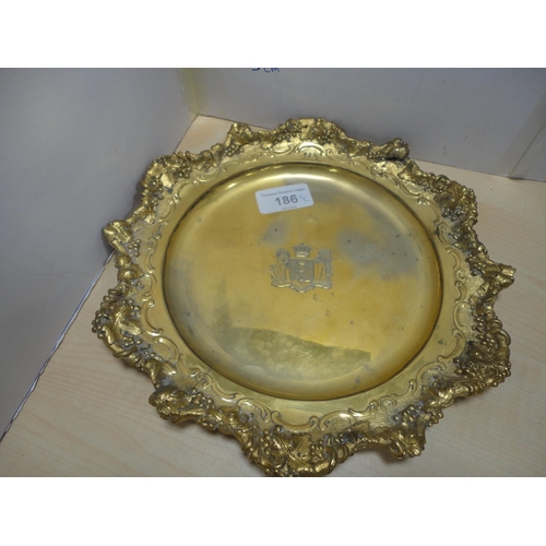 186 - Egyptian-style brass gong, pair of EP candlesticks, bowl, gilt decorated crested plate etc.