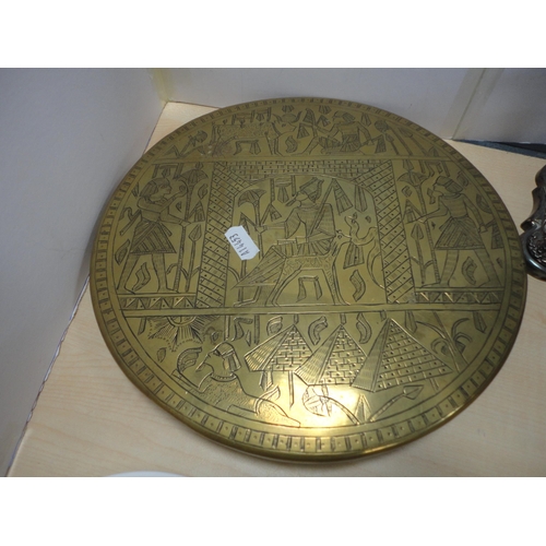 186 - Egyptian-style brass gong, pair of EP candlesticks, bowl, gilt decorated crested plate etc.