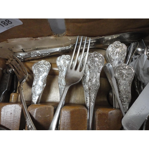 188 - Carton containing a collection of EP and plated cutlery to include King's pattern examples, other EP... 