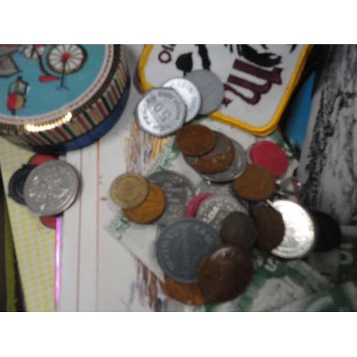 189 - Postcards, cigarette cards, toys, badges etc.
