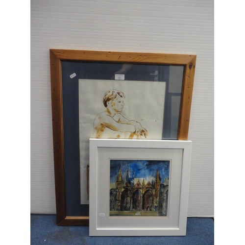 20 - David LewisNude life drawingPen, ink and watercolour, and a watercolour of Peterborough Cathedral by... 