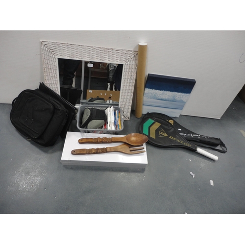 21 - Two cased tennis racquets, black backpack,&nbsp;giant spoon and fork set, travel guides, wicker fram... 