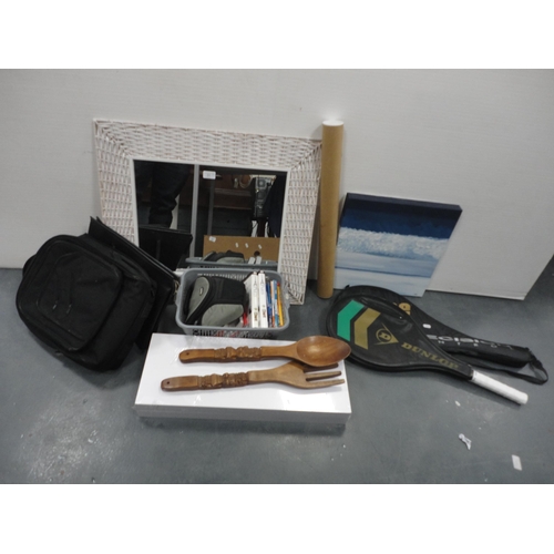 21 - Two cased tennis racquets, black backpack,&nbsp;giant spoon and fork set, travel guides, wicker fram... 
