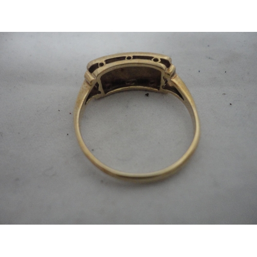 212 - 9ct gold pearl-set channel ring, 3.2g gross.