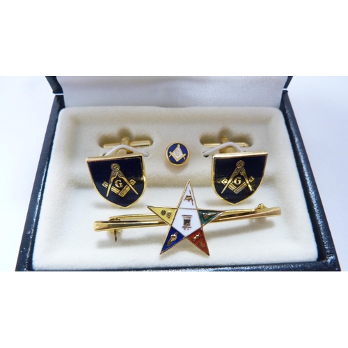 222 - Two boxed sets of dress Masonic cufflinks and two commemorative coins.