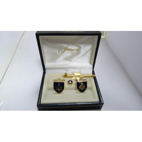 222 - Two boxed sets of dress Masonic cufflinks and two commemorative coins.