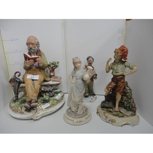 23 - Capodimonte figure group in the form of a man reading on a bench and three other similar figures.  (... 
