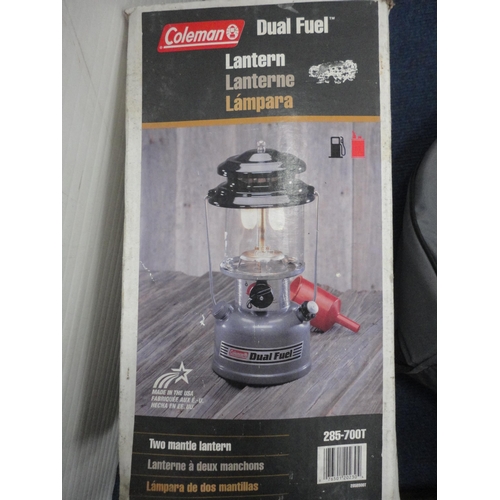 233 - Outboard auxiliary engine lift, carry cases and a dual fuel outdoor lantern light.