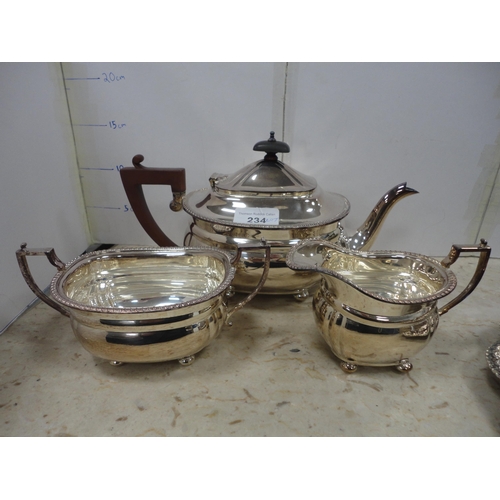 234 - Group of EP and plated wares to include a three-piece tea set, two teapots, casserole etc.
