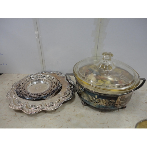 234 - Group of EP and plated wares to include a three-piece tea set, two teapots, casserole etc.