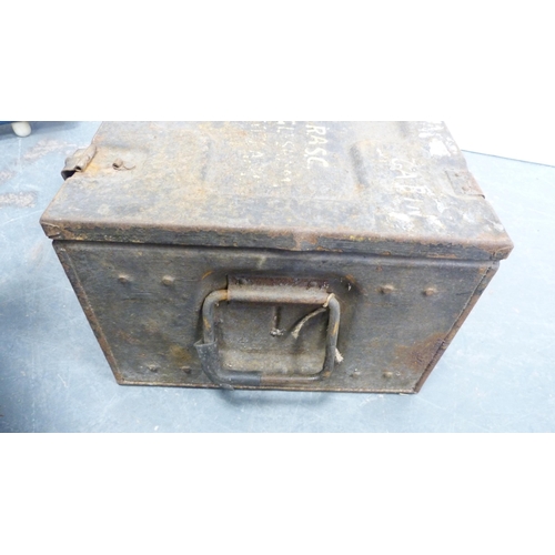 256 - Military-style metal trunk and a plastic-coated toolbox.  (2)
