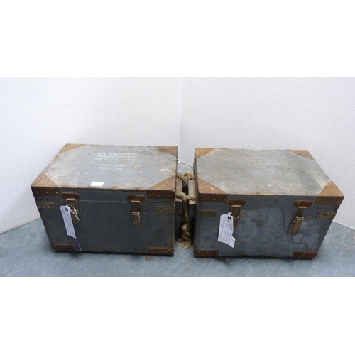 257 - Two military storage boxes and a wooden trunk.  (3)