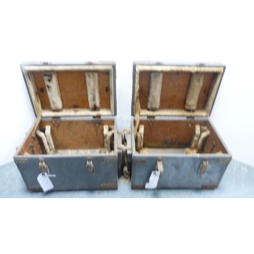 257 - Two military storage boxes and a wooden trunk.  (3)