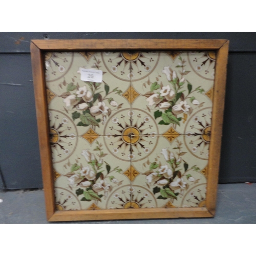 26 - Set of four Victorian fireplace tiles decorated with floral bouquets and circular geometric panels, ... 