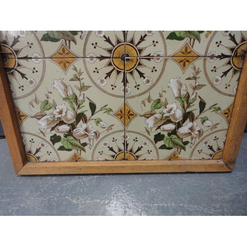 26 - Set of four Victorian fireplace tiles decorated with floral bouquets and circular geometric panels, ... 