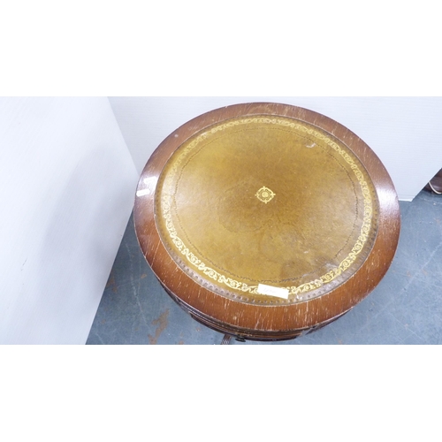 261 - Tea trolley and drum-shaped occasional table with tooled top.