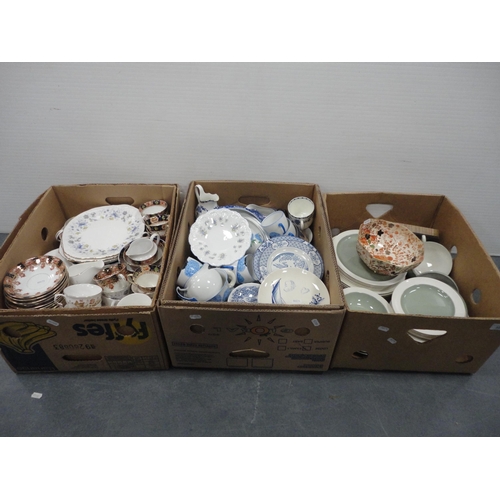 38 - Three cartons containing assorted miscellaneous tea and dinnerwares to include Colclough, J & G ... 