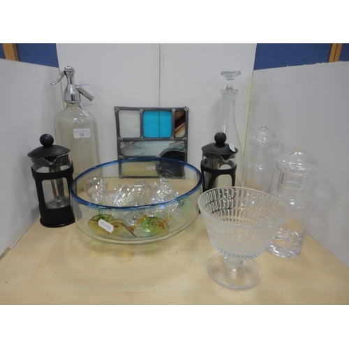 39 - Collection of glassware to include soda syphon, liqueur glasses, bowl, decanter and stopper, modern ... 