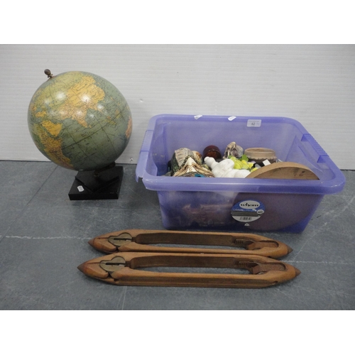 42 - Carton containing ornaments to include studio pottery examples, globe etc.