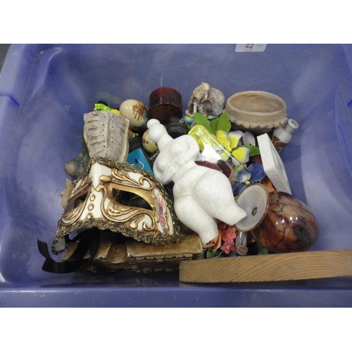 42 - Carton containing ornaments to include studio pottery examples, globe etc.