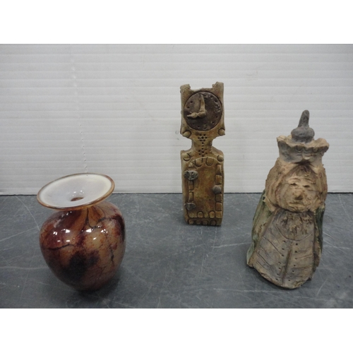 42 - Carton containing ornaments to include studio pottery examples, globe etc.