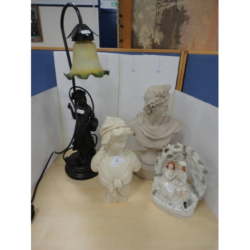 43 - Reproduction figural table lamp, reproduction busts and a Staffordshire flatback figure group.&nbsp;... 