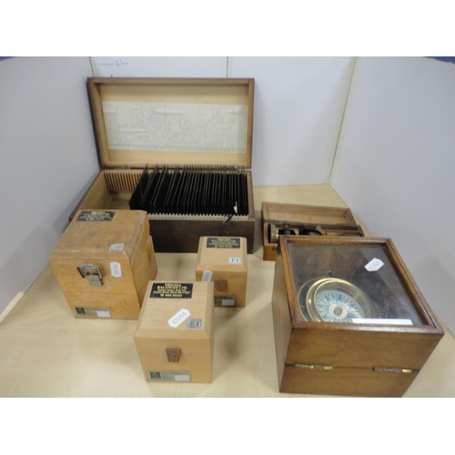 44 - Box containing glass lantern slides, boxed Precisa Balance weights, boxed microscope and a reproduct... 